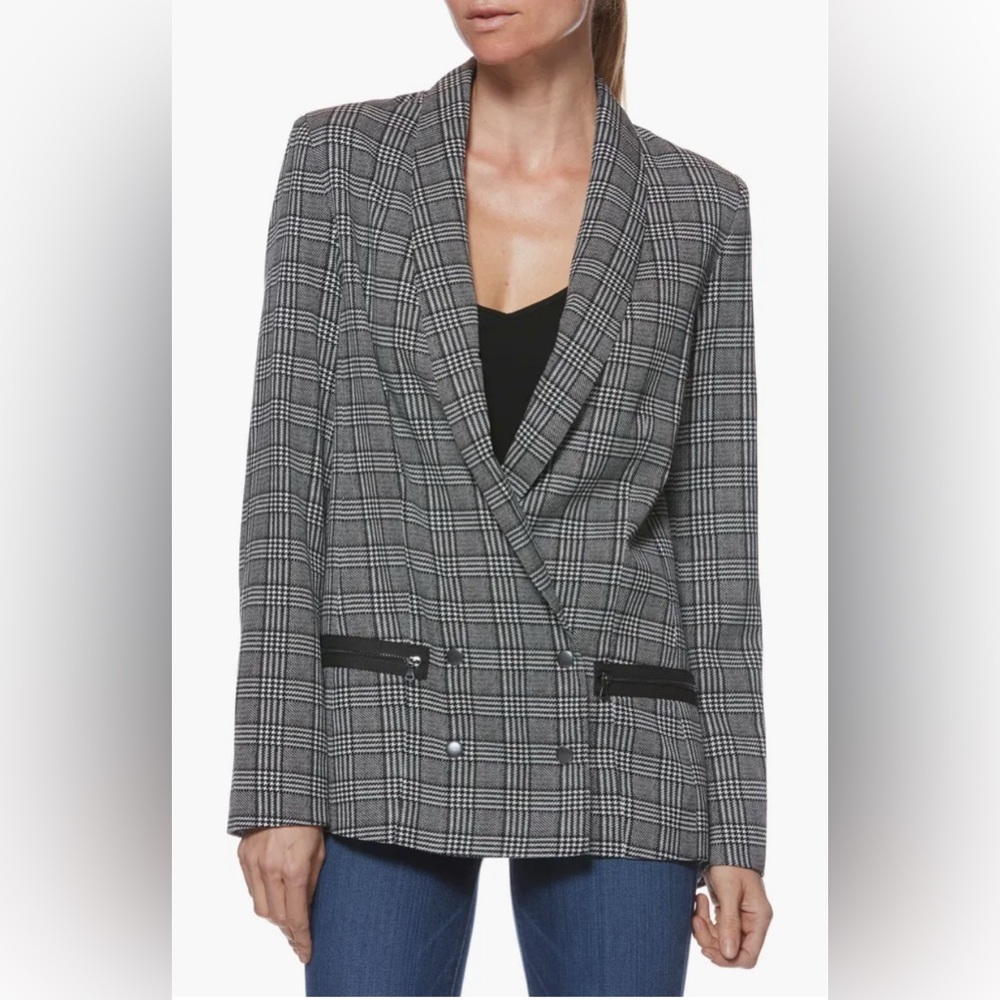 PAIGE Womens Karissa Houndstooth Plaid Blazer Black White Check Size Large Zip